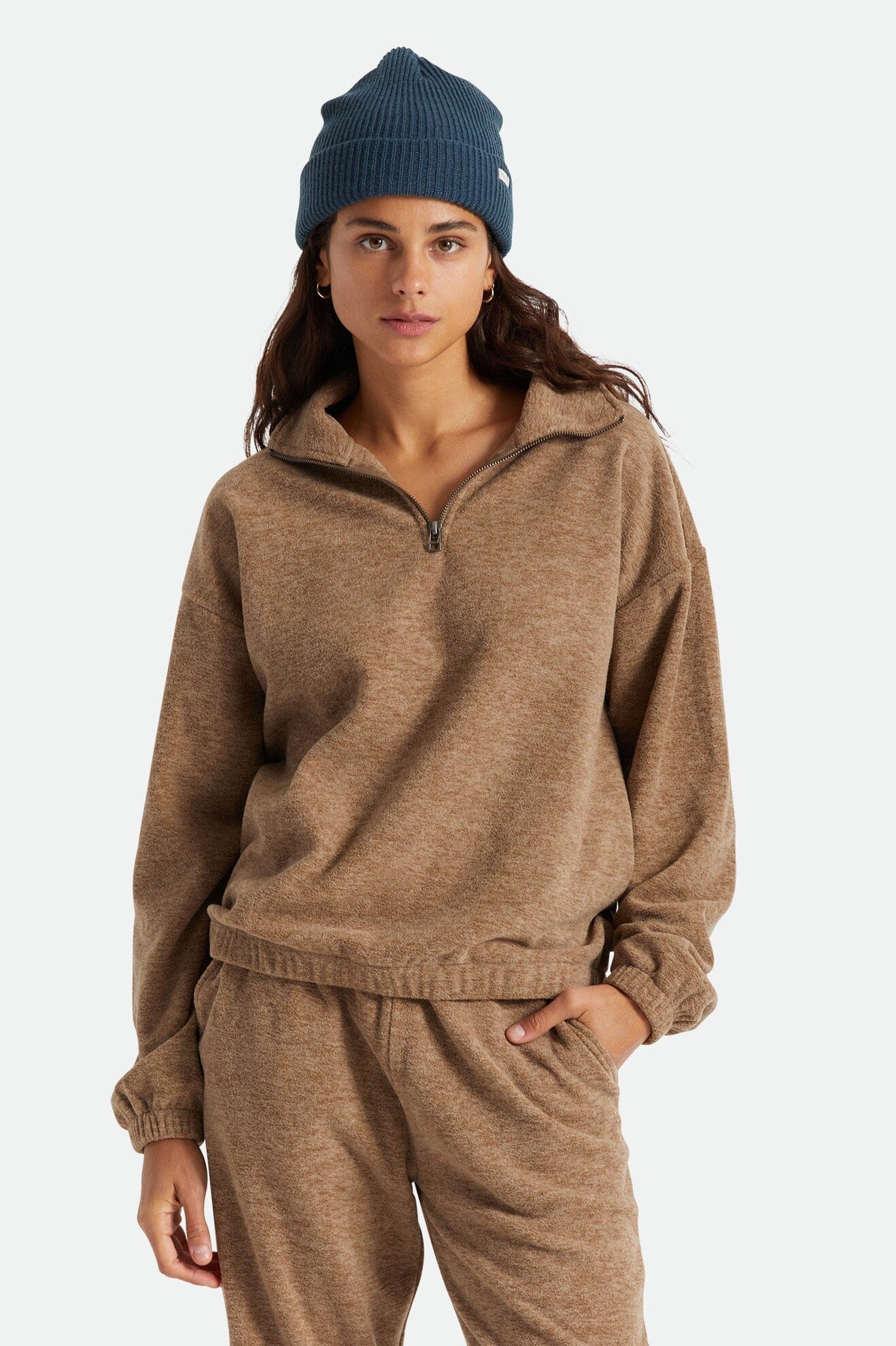 Brixton WMNS Derby 1/4 Zip Crew, Oatmeal